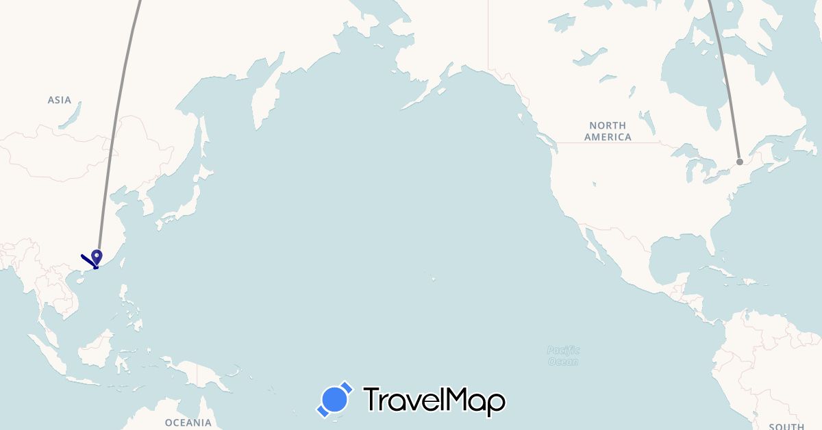 TravelMap itinerary: driving, plane in Canada, China, Hong Kong, Macau (Asia, North America)